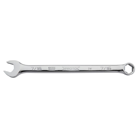PROTO J1214H-T500 combination wrench, chrome finish, 7/16 inch size, front view on white background.