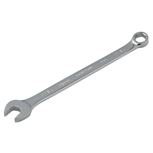 PROTO J1214H-T500 combination wrench, 7/16 inch, chrome finish, left angled view on white background.