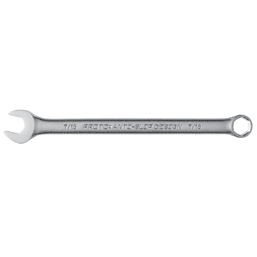 PROTO J1214HASD combination wrench, silver, 7/16 inch, product shown from side on white background.