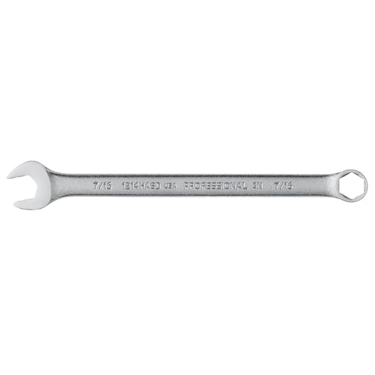 PROTO J1214HASD combination wrench in silver, 7/16 size, flat angle, product photography on white background.