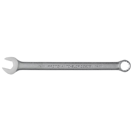 PROTO J1214MASD combination wrench, 14mm, silver metal, open-end and box-end, side view, white background.