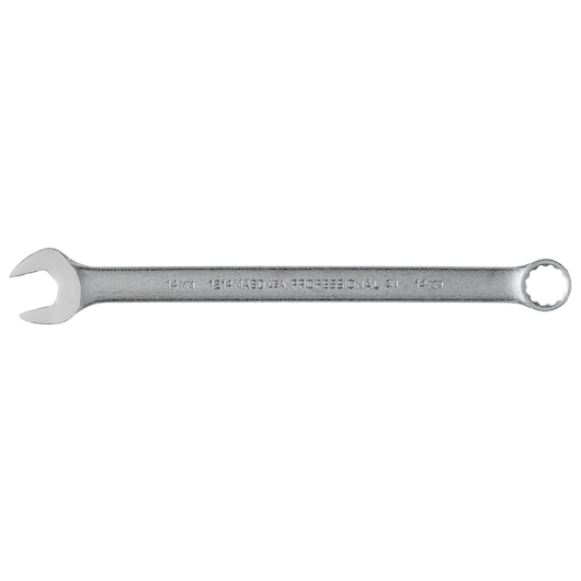 Photo of PROTO J1214MASD combination wrench, 14mm, silver metal, open-end and box-end, top view on white background.