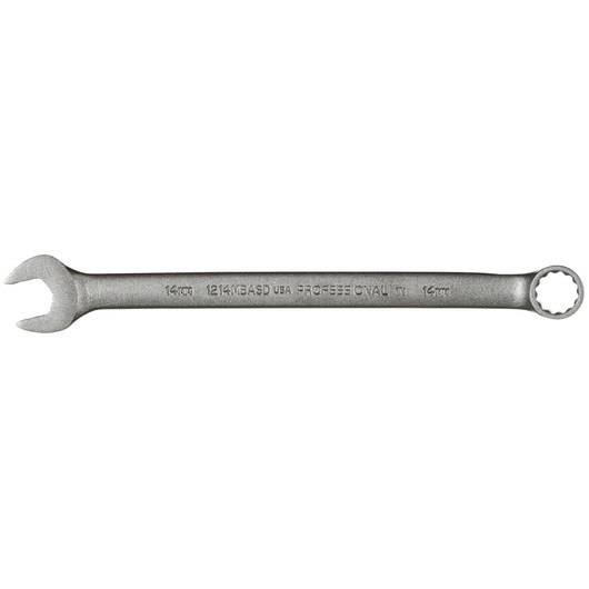 Photo of PROTO J1214MBASD combination wrench, silver finish, metric, open-end and box-end, flat lay, white background.