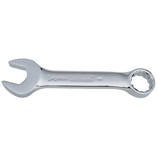 Photo of PROTO J1214MES combination wrench, 14mm size, chrome finish, open-end and box-end, side angle, white background.