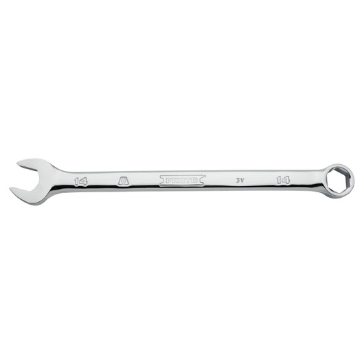 PROTO J1214MH-T500 chrome combination wrench, 14mm, front angle on white background.