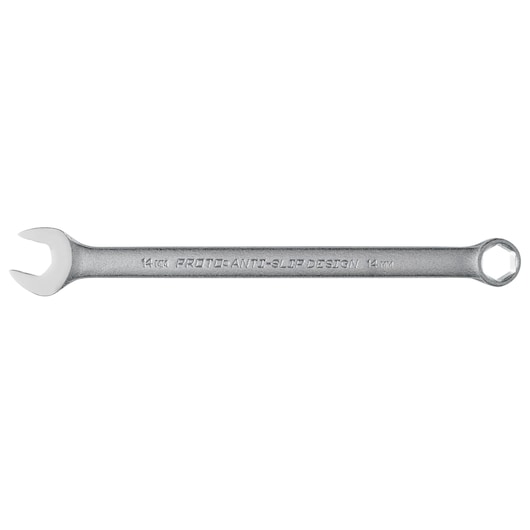 PROTO J1214MHASD combination wrench with anti-slip design, 14 mm, silver finish, top view on white background.