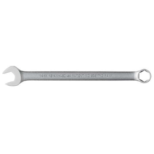 PROTO J1214MHASD combination wrench 14mm, silver finish, photo of hand tool on white background, side view.