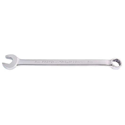 PROTO J1215M-T500 combination wrench, silver chrome finish, 15mm size, side angle on white background.
