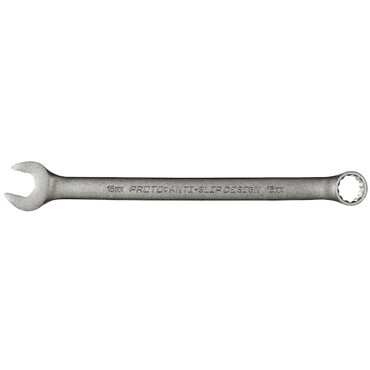 Photo of PROTO J1215MBASD combination wrench with open and box ends, silver finish, top-down angle on white background.