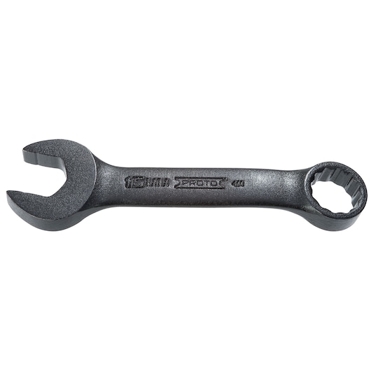 PROTO j1215MESB black combination wrench with open end and box end, top view, on white background.