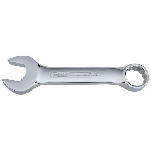 PROTO J1215MES combination wrench, 15mm, chrome finish, open-end and box-end, side angle on white background.