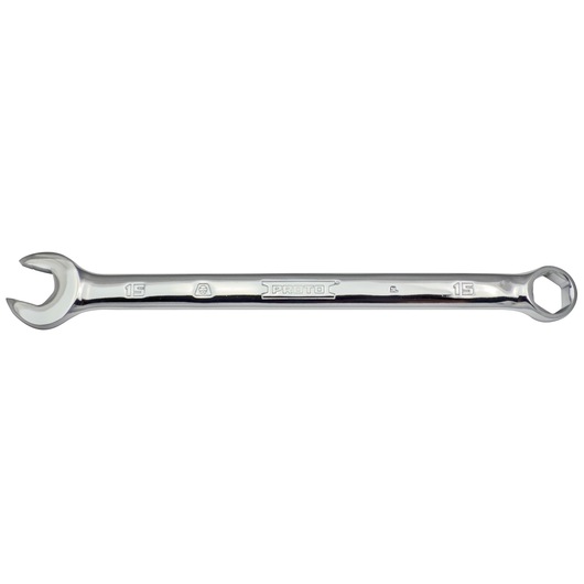 Photo of PROTO J1215MH-T500 combination wrench with open and box ends, chrome finish, top view on white background.