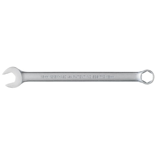 PROTO J1215MHASD combination wrench, silver metal, 15mm, box and open end, side view on white background.