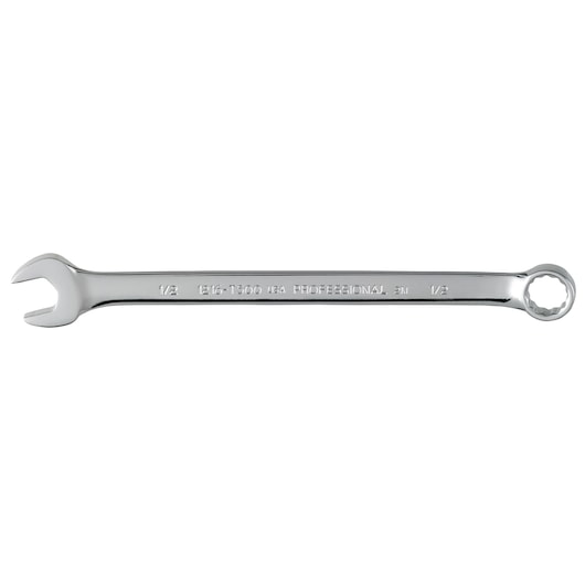 PROTO J1216-T500 combination wrench, chrome finish, half inch, photo of tool on white background, side view.