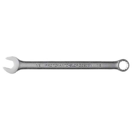 PROTO J1216ASD combination wrench, silver finish, open and box ends, product category photography, side angle.