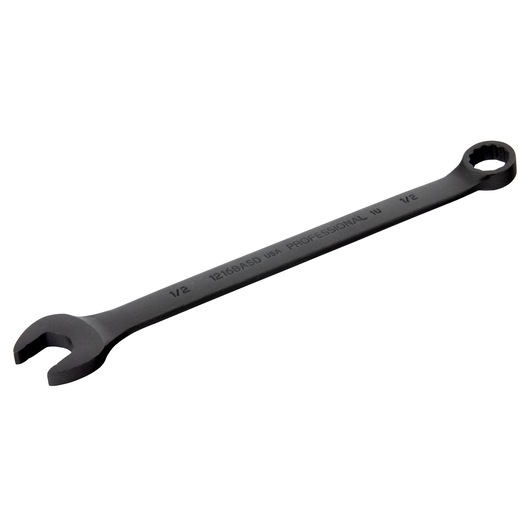 PROTO J1216BASD black combination wrench with open and box ends, angled view, photography on white background.