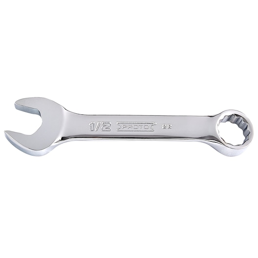 PROTO J1216ES chrome combination wrench, 1/2 inch size, shown on white background, top view.