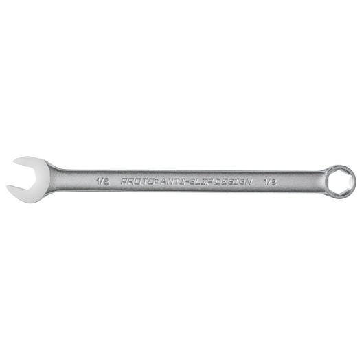 PROTO J1216HASD combination wrench, silver finish, box and open end, top view on white background.
