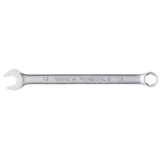 PROTO J1216HASD combination wrench, silver metal, 1/2 inch size, top view on white background.