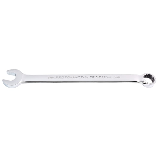 PROTO J1216M-T500 chrome combination wrench 16mm, anti-slip design, side view on white background.