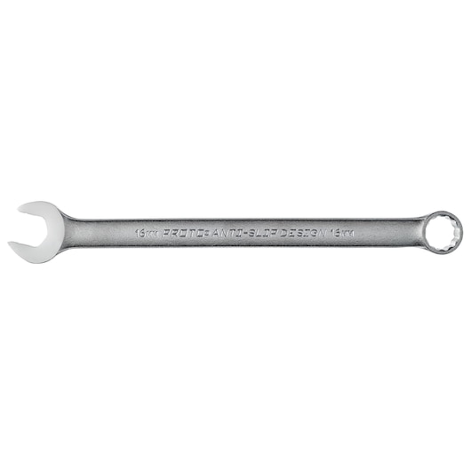 PROTO J1216MASD combination wrench, silver, 16mm size, flat lay angle, against white background.