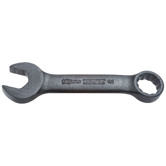 PROTO J1216MESB combination wrench, 16mm size, matte black finish, side view on white background.