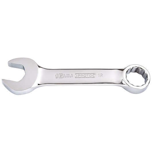 PROTO J1216MES combination wrench 16mm, chrome finish, open-end and box-end, front angle, white background.
