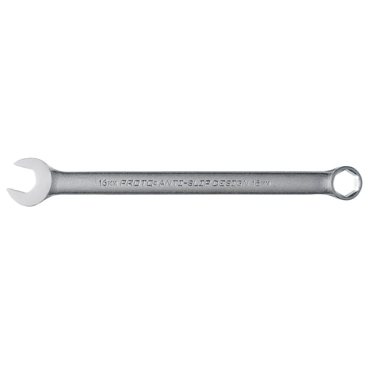 PROTO J1216MHASD silver combination wrench with anti-slip design, 16mm, top view on white background.