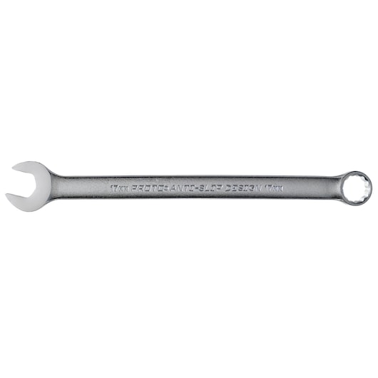 PROTO J1217MASD combination wrench, 17mm, silver, open-end and box-end, top view on white background.