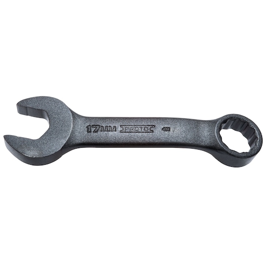 Photo of PROTO J1217MESB matte black combination wrench, 17mm, flat on white background.