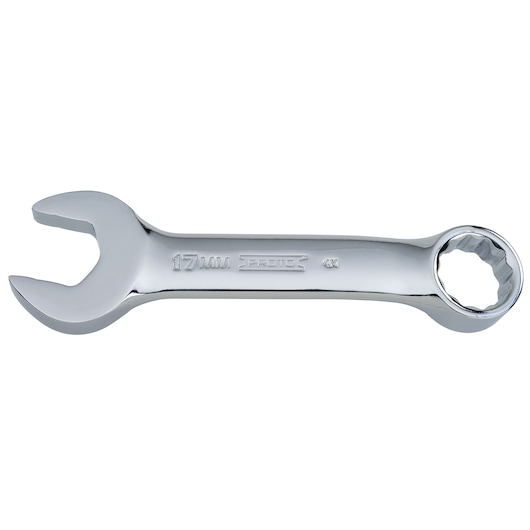 Photo of PROTO J1217MES combination wrench 17mm, chrome finish, product side angle on white background.