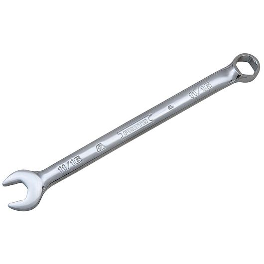 PROTO J1217MH-T500 combination wrench, 11/16 inch size, chrome finish, photographed at an angle on white background.