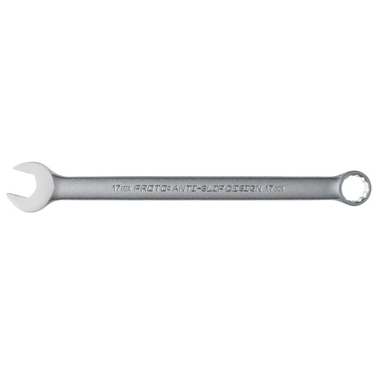PROTO J1217MHASD combination wrench 17mm, silver, anti-slip design, flat side view on white background.