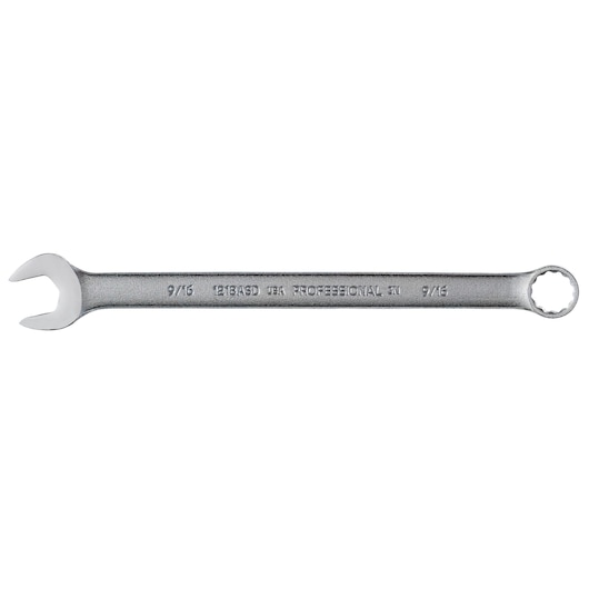 PROTO J1218ASD combination wrench silver photography, 9/16 size, front angle on white background.