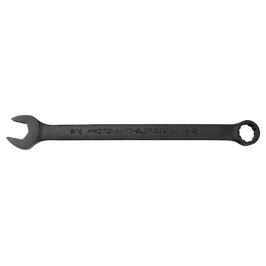 PROTO J1218BASD black combination wrench with anti-slip design, 9/16 size, front angled view on white background.
