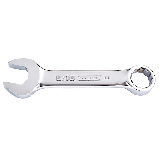 PROTO J1218ES chrome combination wrench with open and box ends, size 9/16 inch, top view on white background.