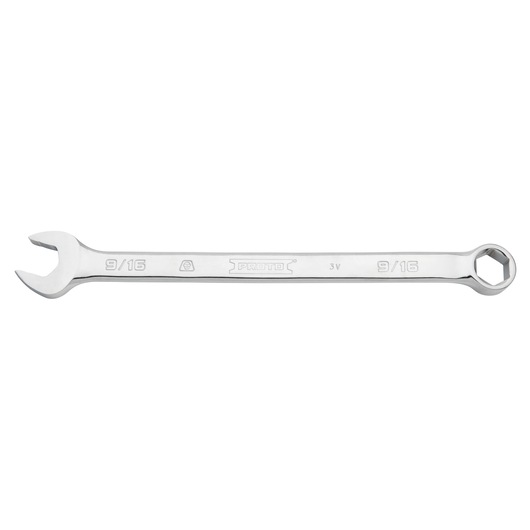 PROTO J1218H-T500 combination wrench, 9/16 inch, silver finish, flat and box ends, side view on white background.