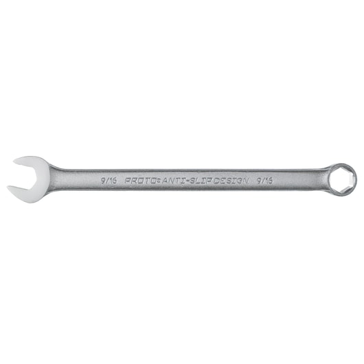 PROTO J1218HASD combination wrench, silver finish, 9/16 inch, top view on white background.