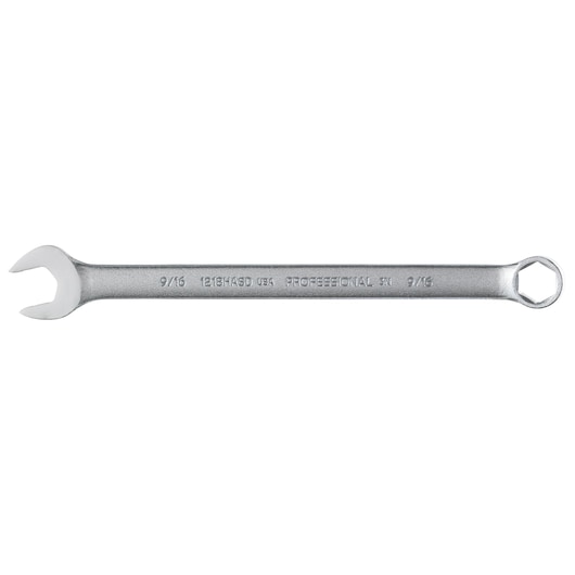 PROTO J1218HASD combination wrench, silver finish, open and box end, product photography, flat angle.