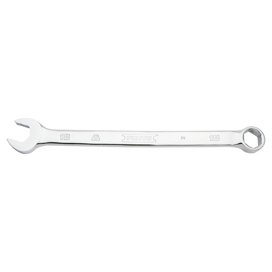 PROTO J1218MH-T500 combination wrench with open and box end, silver finish, top view, white background.
