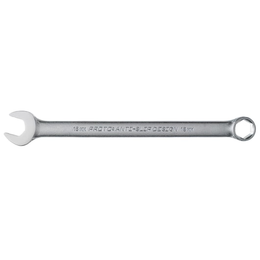 PROTO J1218MHASD combination wrench, 18mm, silver, anti-slip design, top view on white background.