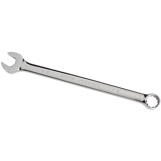 PROTO J1218SPL combination wrench, chrome finish, 9/16 inch, front angle on white background.