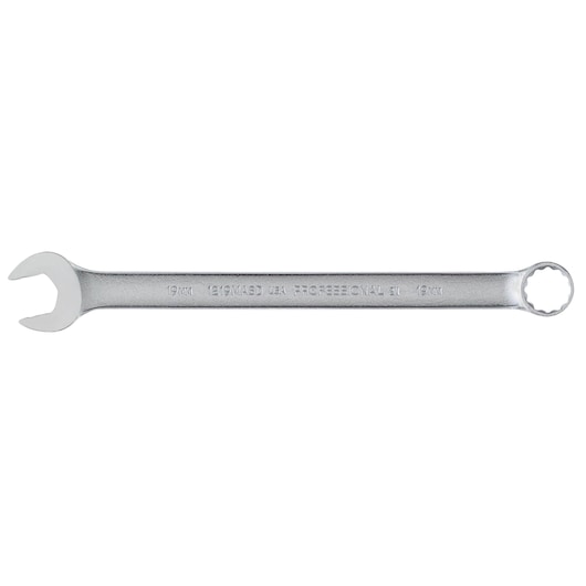 PROTO J1219MASD combination wrench 19mm, silver finish, flat side view on white background.