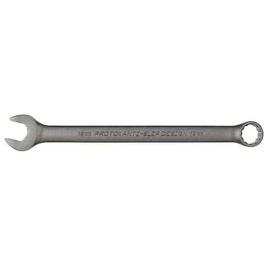 Photo of PROTO J1219MBASD combination wrench, 19mm, anti-slip design, side view on white background.