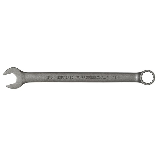 PROTO J1219MBASD combination wrench, matte steel finish, 19mm, flat lay, white background.