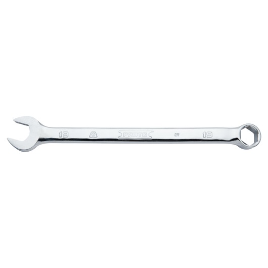 PROTO J1219MH-T500 chrome combination wrench with open and box end, size 19mm, side view on white background.