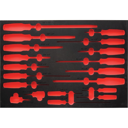 PROTO tool tray insert with red foam slots for screwdrivers and picks, SKU J1219SCF, top-down angle.