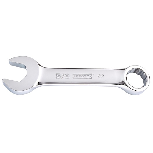 PROTO J1220ES combination wrench, chrome finish, 5/8 inch size, open-end and box-end, top view on white background.