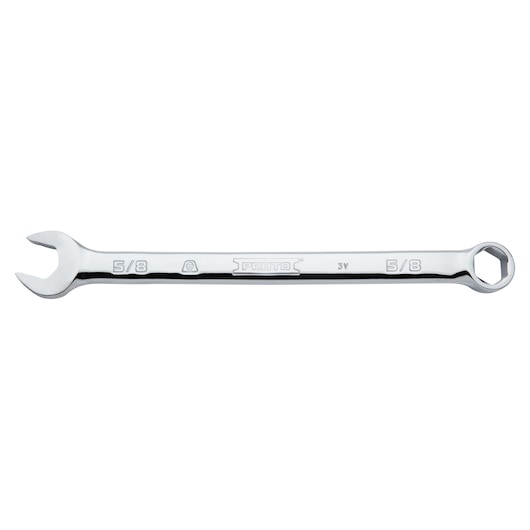 PROTO J1220H-T500 combination wrench with 5/8 inch size, silver finish, white background, side view.