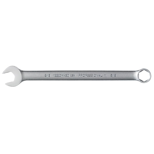 PROTO J1220HASD combination wrench, silver finish, open-end and box-end, photography, side view on white background.